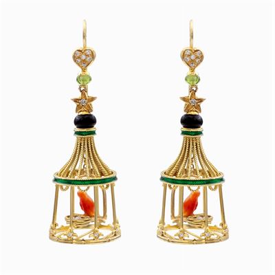 Orecchini Pendenti in Oro Giallo 14 Kt e Smalto