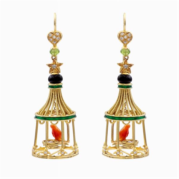 14kt gold and enamel pendant earrings