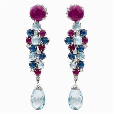 Orecchini in Oro Bianco 18kt Rubini, Zaffiri e Acquamarine