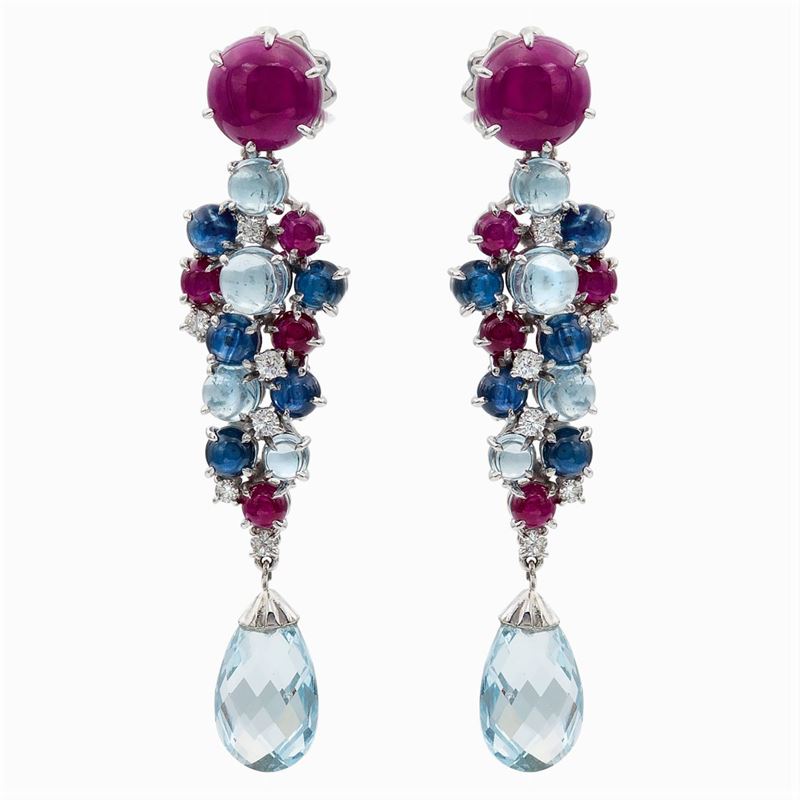 Orecchini in Oro Bianco 18kt Rubini, Zaffiri e Acquamarine