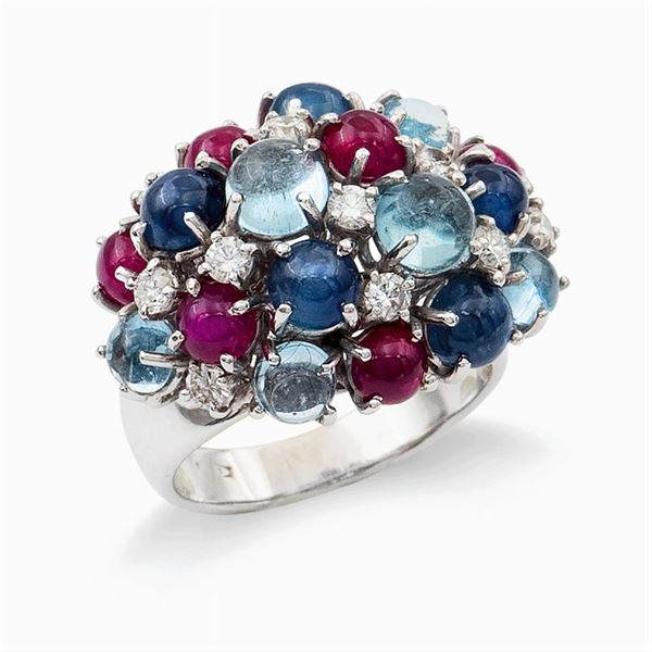 18kt white gold, rubies sapphires and aquamarines ring