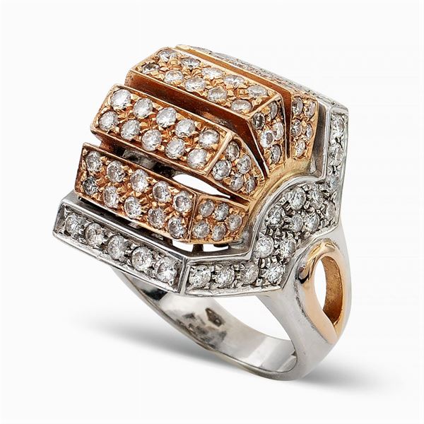 Anello a motivo geometrico in oro a due colori 18kt