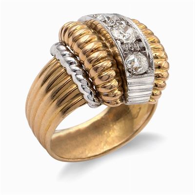 Anello a Ponte in Oro Giallo e Bianco 18kt