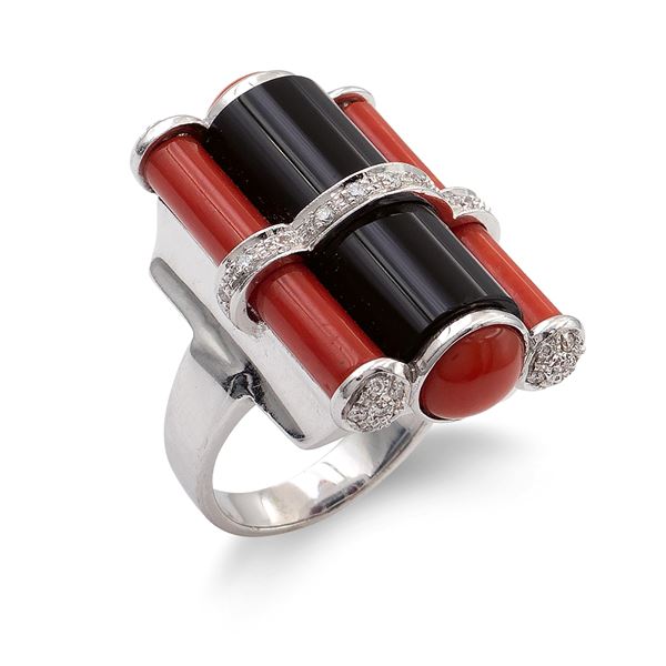 14kt white gold, black onyx and coral ring