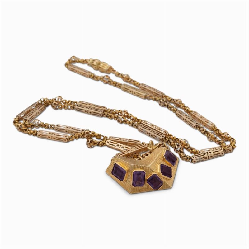 Pendente a Motivo Geometrico in Oro Giallo 18kt e Ametiste