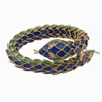 Bracciale a Serpente in Oro Giallo 18kt e Smalti Policromi