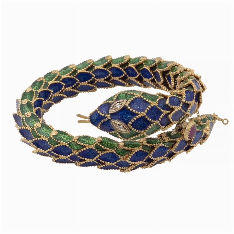 Bracciale a Serpente in Oro Giallo 18kt e Smalti Policromi