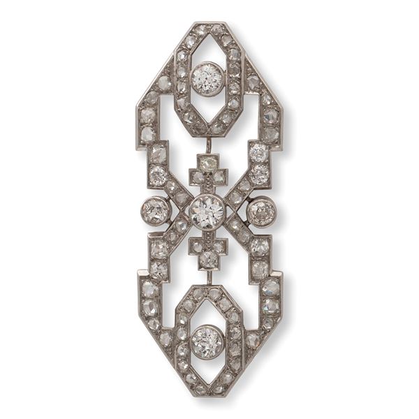 Platinum and diamond geometric motif pendant brooch