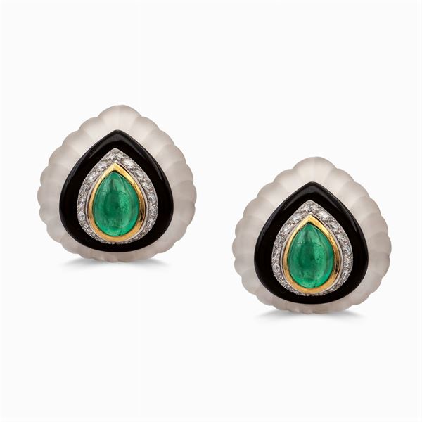 Orecchini in oro bianco 18kt cristallo di rocca, onice e diamanti