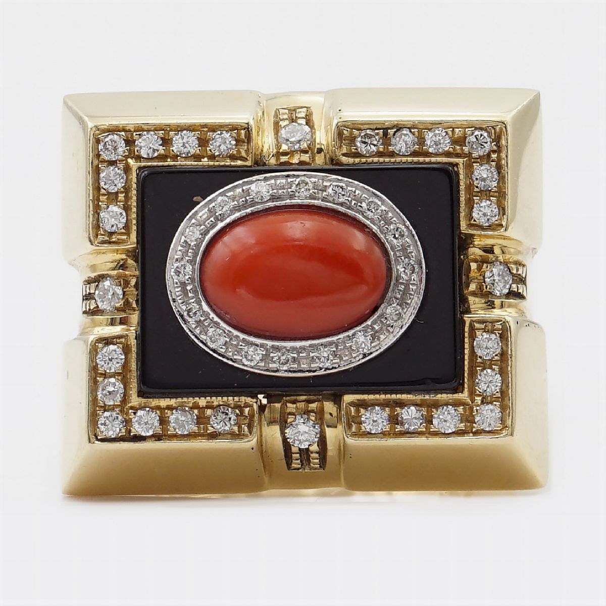 Anello in Oro Giallo 18kt Onice Nero e Corallo