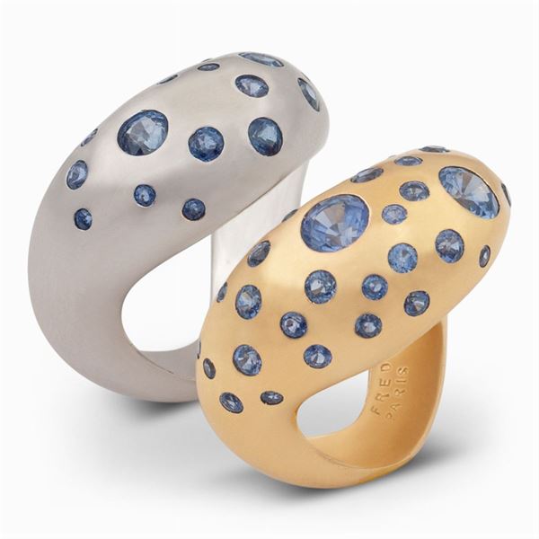 Fred Paris, coppia di anelli in oro bianco e giallo 18kt