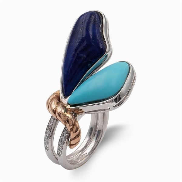 Anello a farfalla in oro bianco e rosa 18kt