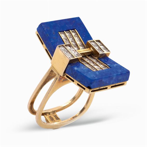 14kt gold, lapis lazuli and diamond ring