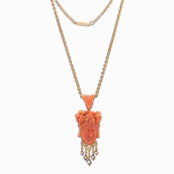Coral pendant with 18kt gold necklace