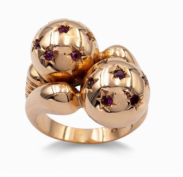 Anello sfere a motivo contrarié in giallo oro 18kt