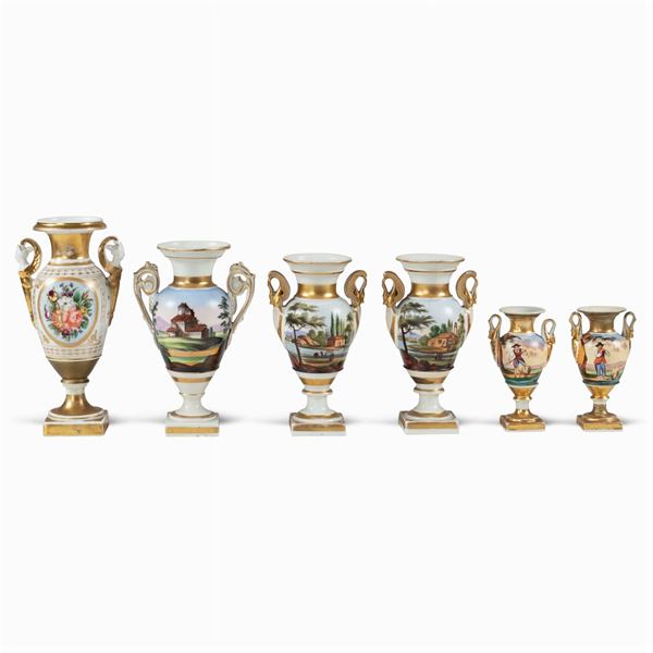 Collection of six polychrome porcelain vases