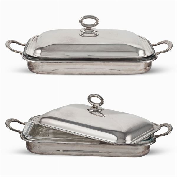 Due legumiere rettangolari in metallo argentato con interno in pyrex