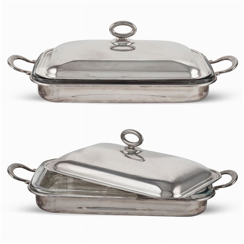 Due Legumiere Rettangolari in Metallo Argentato con Interno in Pyrex