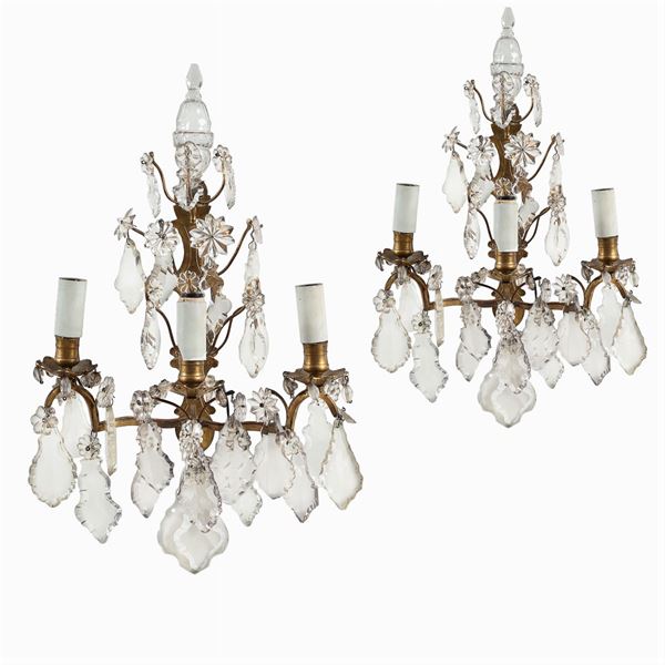Pair of three-lights bronze and glass appliques