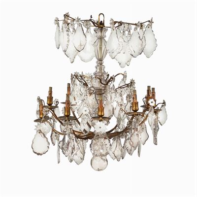 Lampadario a Dodici Luci in Bronzo e Vetro