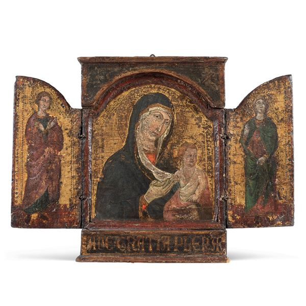 Triptych depicting "Madonna with Child and two praying Saints"