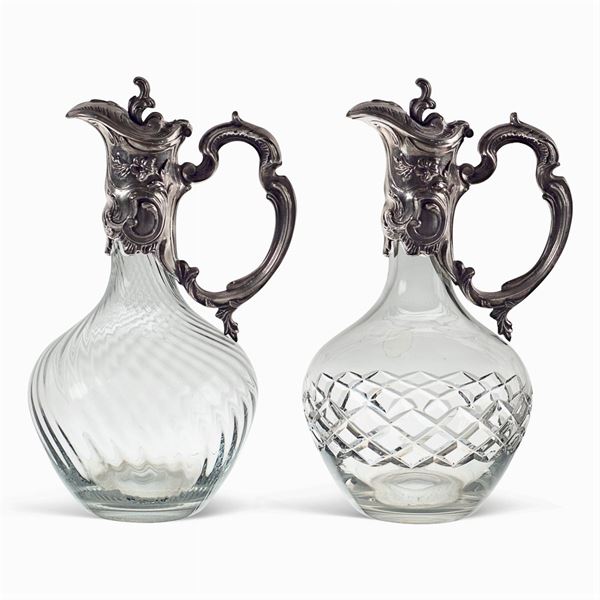Pair of blown glass and silver plated ,metal jugs  (France, 20th century)  - Auction FINE SILVER AND THE ART OF THE TABLE - Colasanti Casa d'Aste