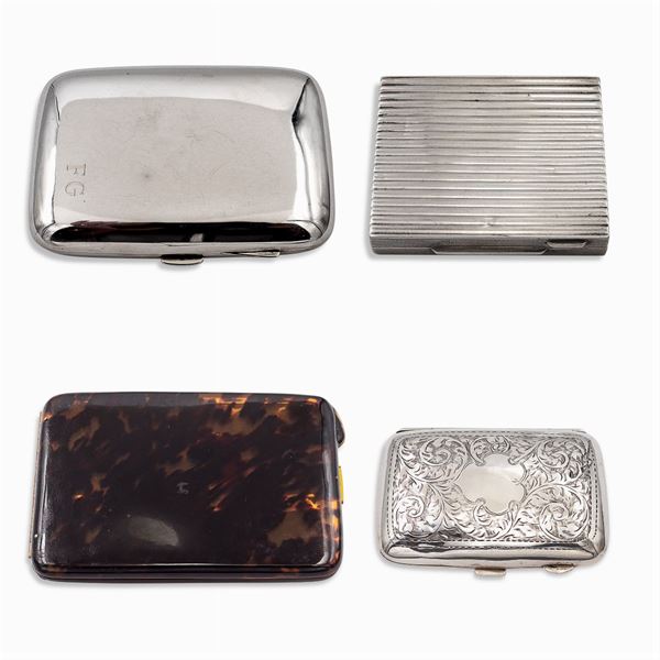 Group of silver and shell cigarette boxes (4)
