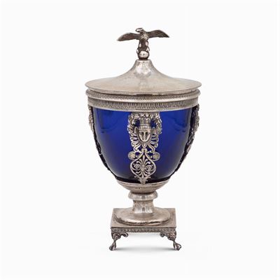 Compostiera in Argento e Vetro Opalino Blu