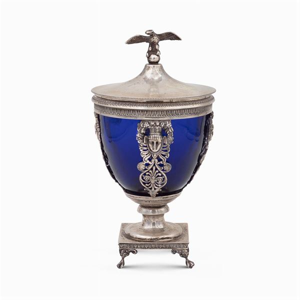 Silver and blue opal glass compote holder