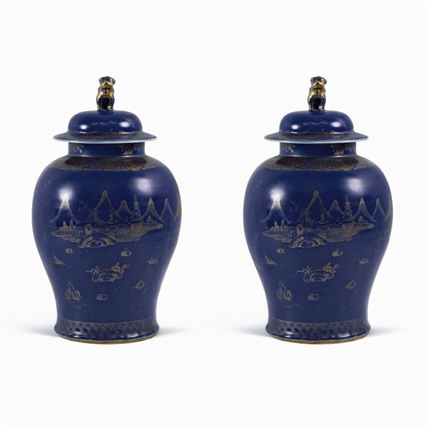 Pair of blue and gold porcelain potiches