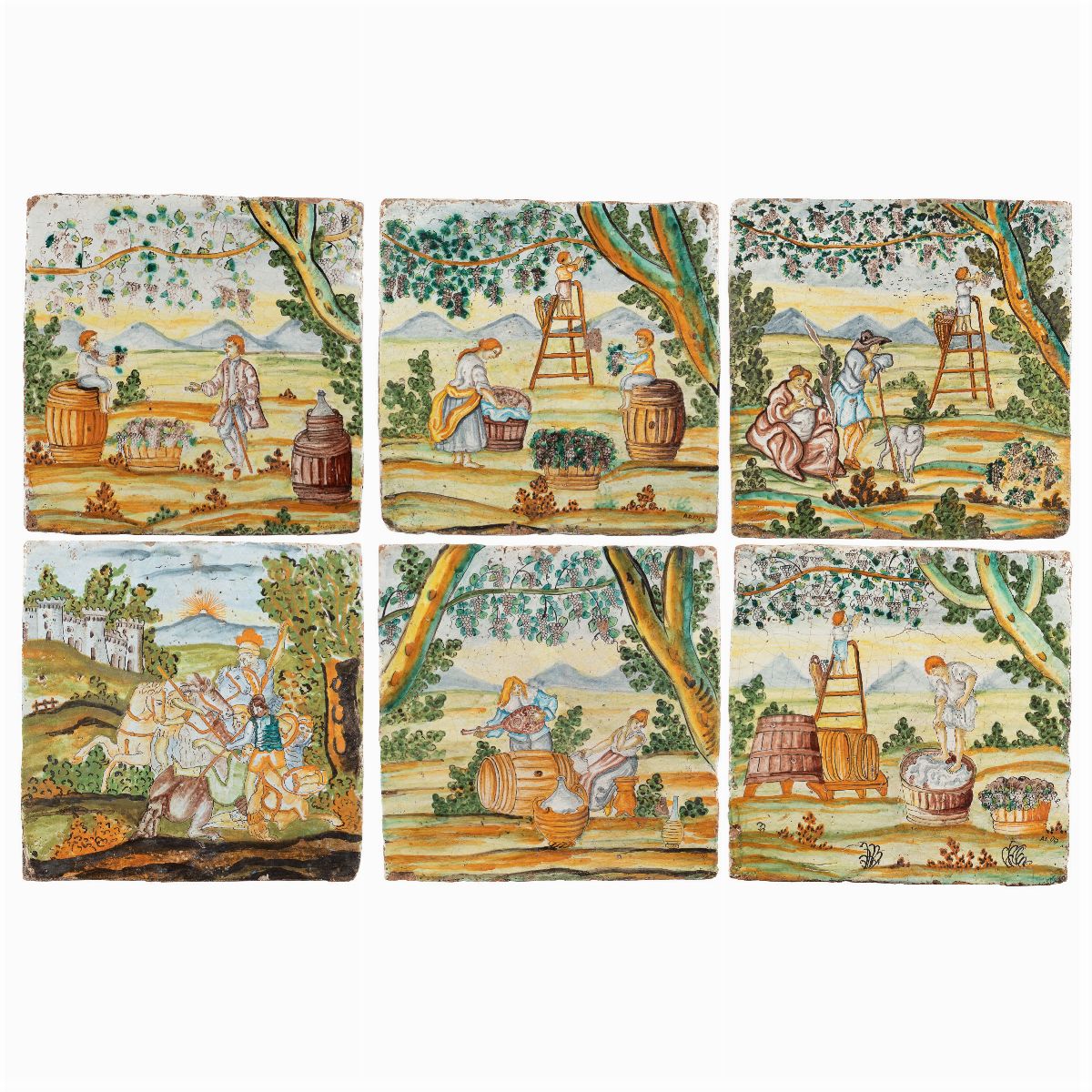 Sei Mattonelle in Maiolica Dipinta in Policromia