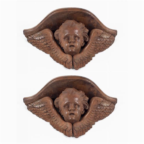Pair of inlaid wooden shelves