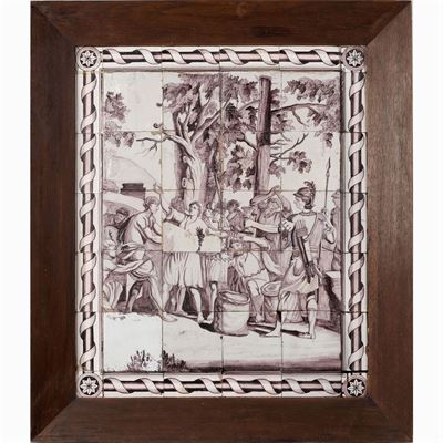 Pannello Composto da Mattonelle in Maiolica con Decoro Monocromo