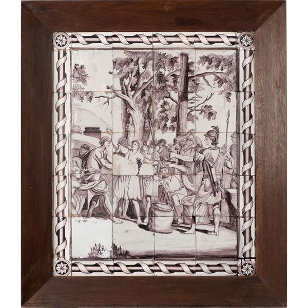 Pannello composto da mattonelle in maiolica con decoro monocromo
