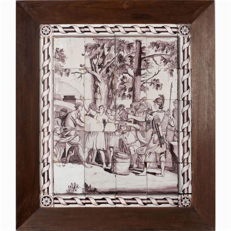 Pannello Composto da Mattonelle in Maiolica con Decoro Monocromo
