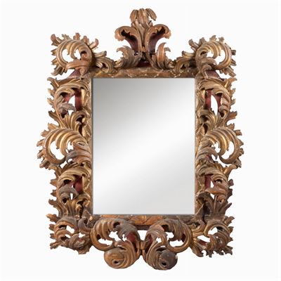 Specchiera in Legno Intagliato e Parzialmente Dorato