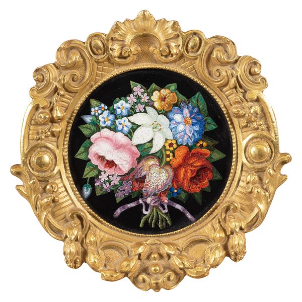 Circular micromosaic plaque on Black Belgium marble  (Rome, 19th century)  - Auction OLD MASTER PAINTINGS AND FURNITURE FROM VILLA SAMINIATI AND PRIVATE COLLECTIONS - Colasanti Casa d'Aste
