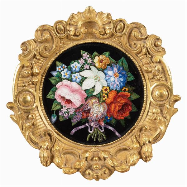 Circular micromosaic plaque on Black Belgium marble
