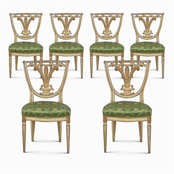 Six lacquered and giltwood chairs  (Lucca, 19th century)  - Auction OLD MASTER PAINTINGS AND FURNITURE FROM VILLA SAMINIATI AND PRIVATE COLLECTIONS - Colasanti Casa d'Aste