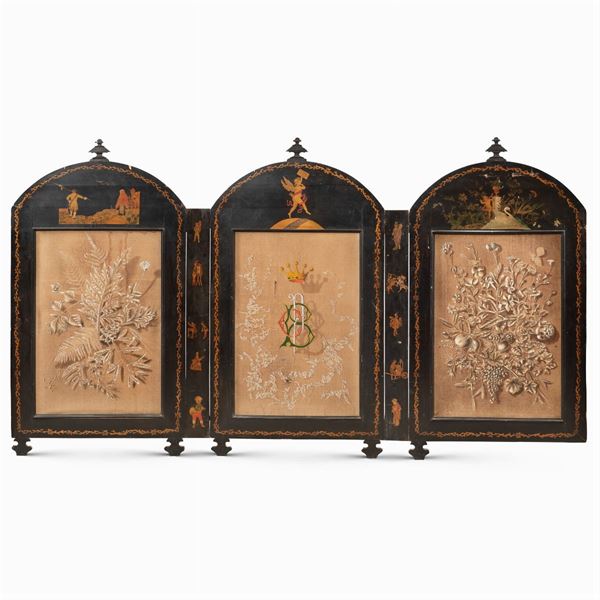 Ebonized wood three-panel folding screen