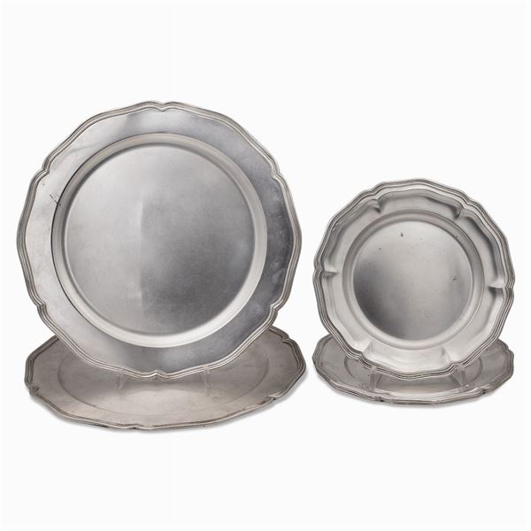 Pair of silver place plates and three dessert plates (5)