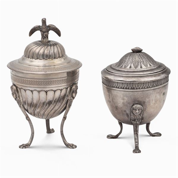 Two silver sugar bowls