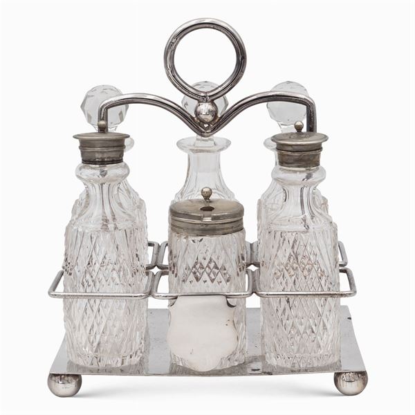 Silvered metal and cut glass cruet