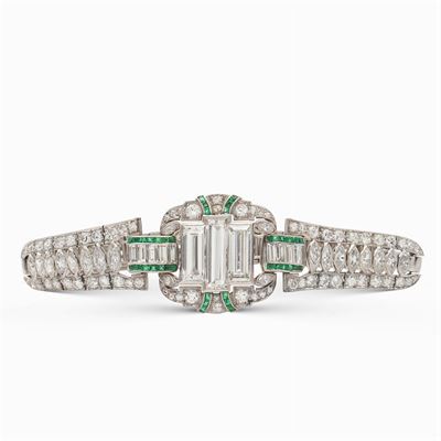 Bracciale Decò in Platino, Diamanti e Smeraldi