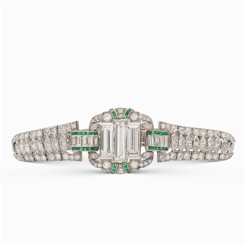 Bracciale Decò in Platino, Diamanti e Smeraldi