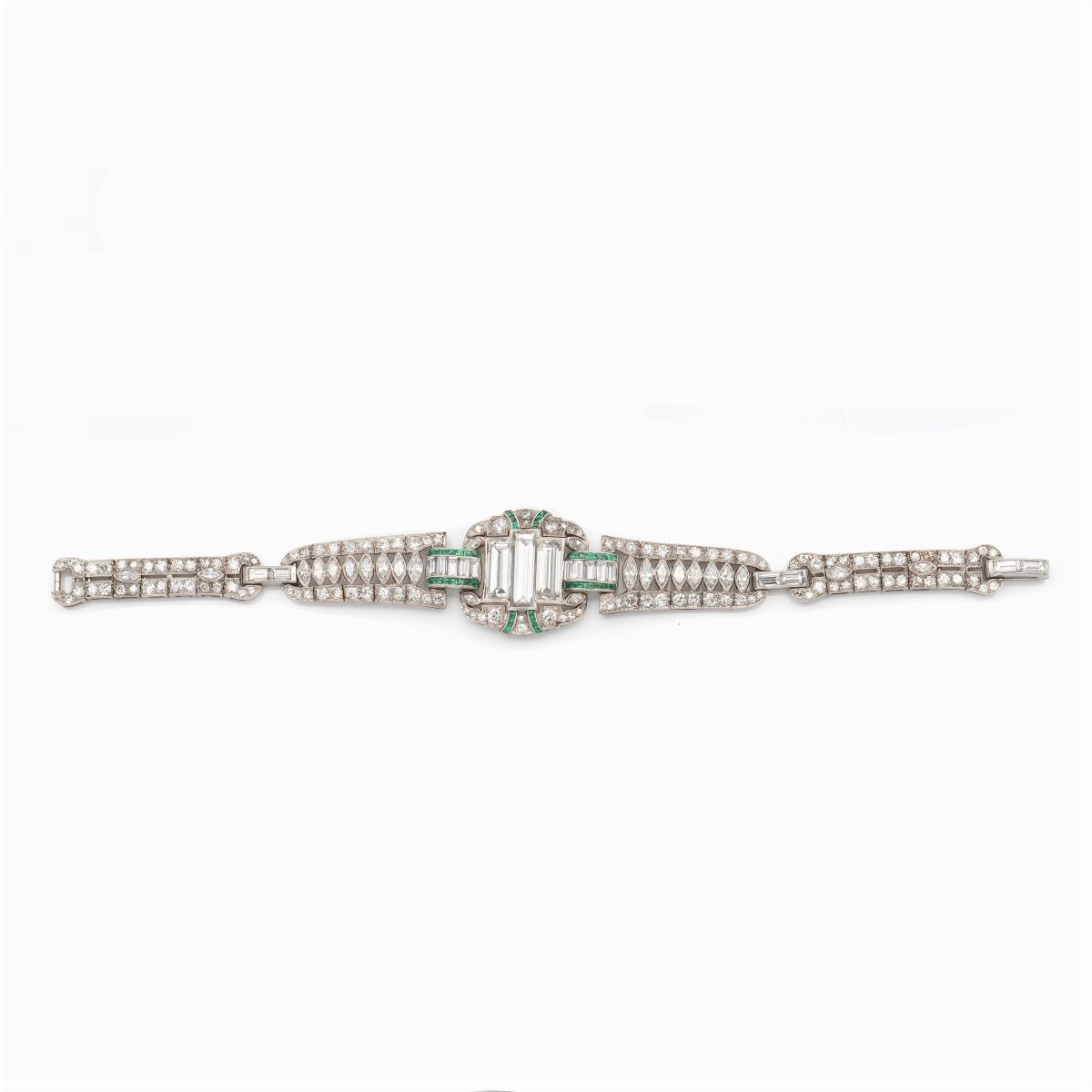 Bracciale Decò in Platino, Diamanti e Smeraldi