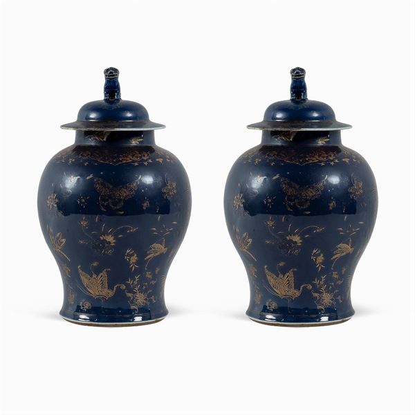 Coppia di potiche in porcellana blu e oro  (Cina, XVIII-XIX Sec.)  - Asta DIPINTI E ARREDI DA VILLA SAMINIATI  - Colasanti Casa d'Aste