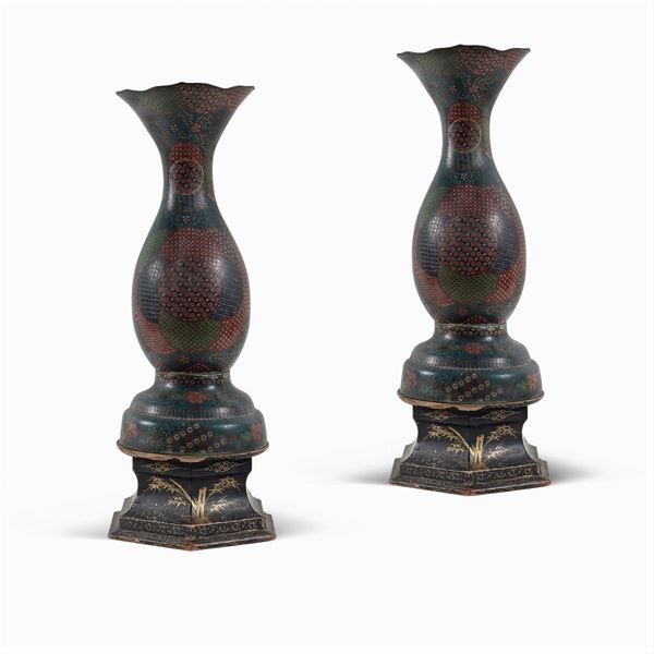 Pair of bronze and polychrome enamel vases