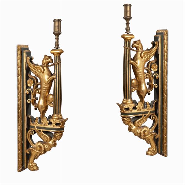 Pair of inlaid, lacquered and giltwood appliques