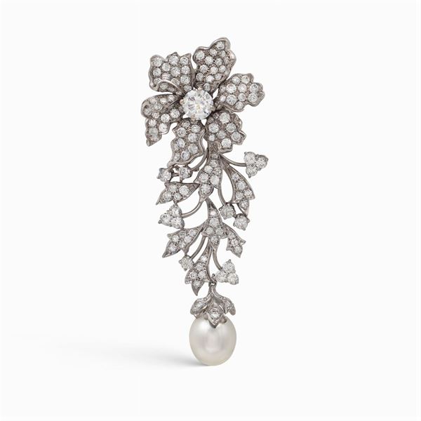 Spilla ramage floreale in oro bianco 18kt